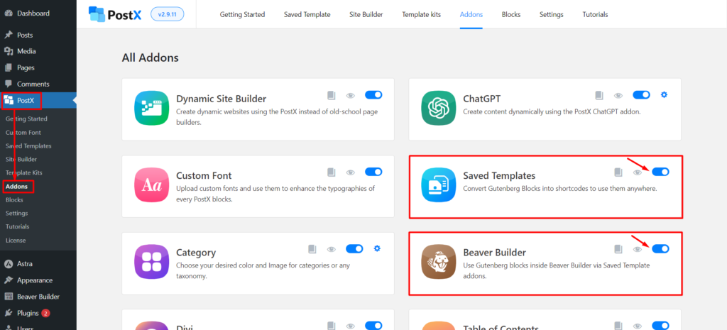 PostX Beaver Builder の統合: Beaver Builder 3 で Gutenberg ブロックを使用する Enabling Saved Template and Beaver Builder Addon
