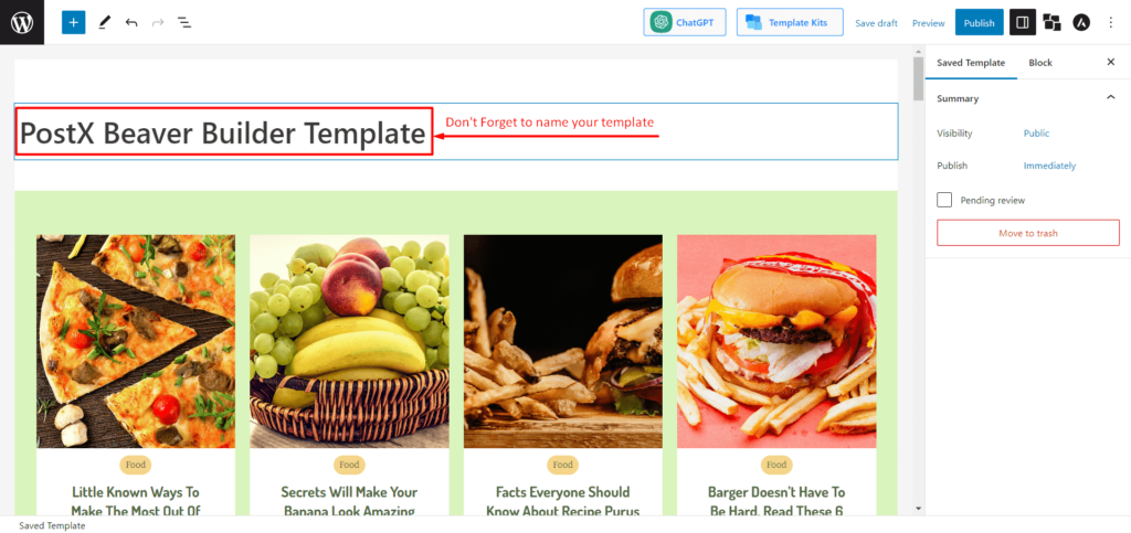 PostX Beaver Builder の統合: Beaver Builder 8 で Gutenberg ブロックを使用する Name Saved Template for Beaver