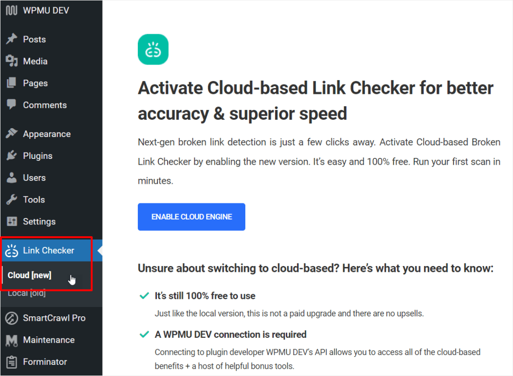 Meniu Link Checker - Tabloul de bord WordPress
