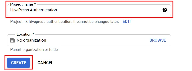 Creazione di un nuovo progetto API di Google.
