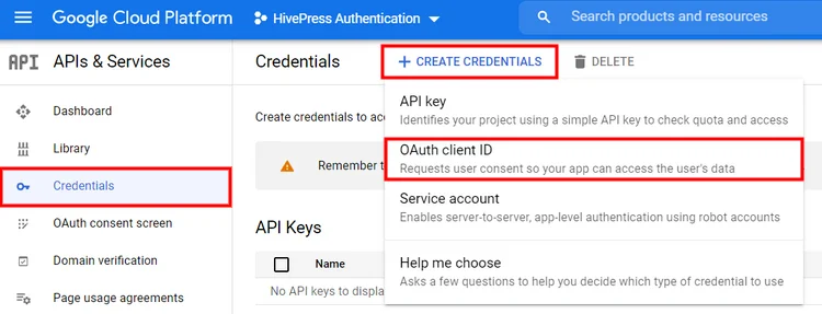 Creazione delle credenziali dell'API di Google.