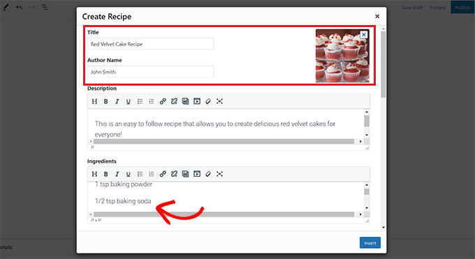 เพิ่มคำอธิบาย คำแนะนำ และส่วนผสมสำหรับการ์ดสูตรอาหาร Add description, instructions, and ingredients for the recipe card