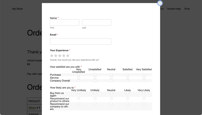 ตัวอย่างแบบสำรวจหลังการซื้อ WPForms WPForms Post Purchase Survey Preview