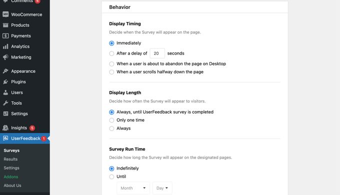 การตั้งค่าพฤติกรรมคำติชมของผู้ใช้ UserFeedback Behavior Settings