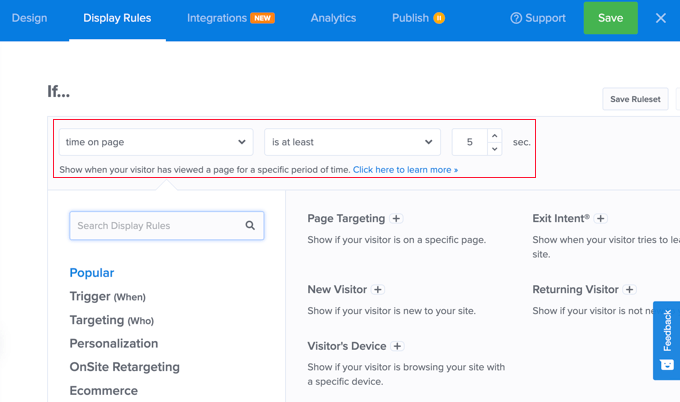 OptinMonster Time ในการตั้งค่าเพจ OptinMonster Time on Page Setting