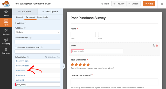 การป้อนสมาร์ทแท็กอีเมลผู้ใช้ใน WPForms Entering the User Email Smart Tag in WPForms