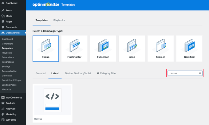 ค้นหาเทมเพลต Canvas ใน OptinMonster Search for the Canvas Template in OptinMonster