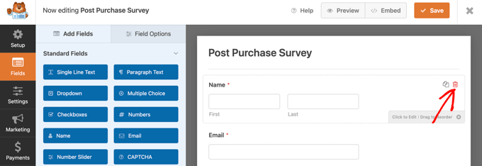 การลบฟิลด์ใน WPForms Deleting a Field in WPForms