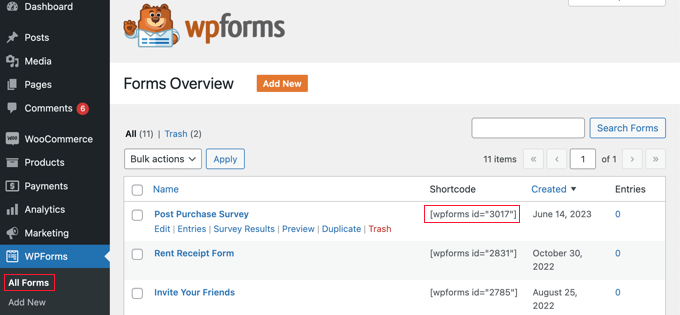 การค้นหารหัสย่อแบบสำรวจใน WPForms Finding the Survey Shortcode in WPForms