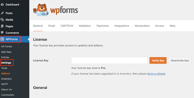 ใบอนุญาต WPForms Entering the WPForms license key