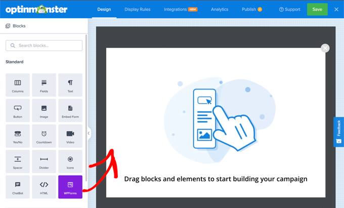 ลากบล็อก WPForms ไปที่หน้า Drag the WPForms Block Onto the Page