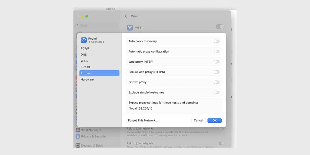 วิธีแก้ไข Safari ไม่สามารถสร้างข้อผิดพลาดในการเชื่อมต่อที่ปลอดภัยได้ 10 Disable proxy on Mac
