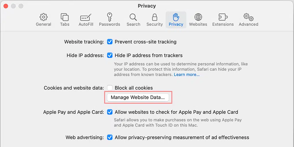 วิธีแก้ไข Safari ไม่สามารถสร้างข้อผิดพลาดในการเชื่อมต่อที่ปลอดภัยได้ 4 Manage Website Data on Safari