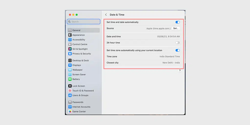 วิธีแก้ไข Safari ไม่สามารถสร้างข้อผิดพลาดในการเชื่อมต่อที่ปลอดภัยได้ 6 Date and Time settings on Mac