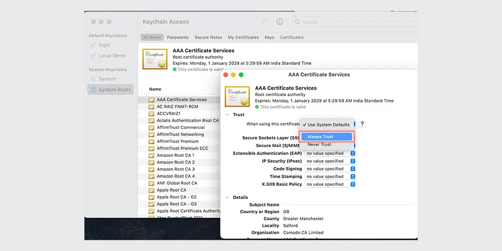 วิธีแก้ไข Safari ไม่สามารถสร้างข้อผิดพลาดในการเชื่อมต่อที่ปลอดภัยได้ 12 Select "always Trust" option in AAA Certificate Services