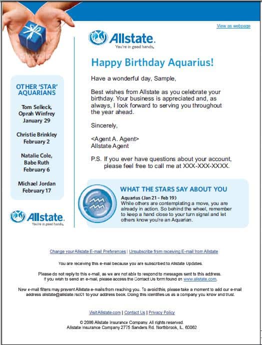 عيد ميلاد Allstate البريد الإلكتروني