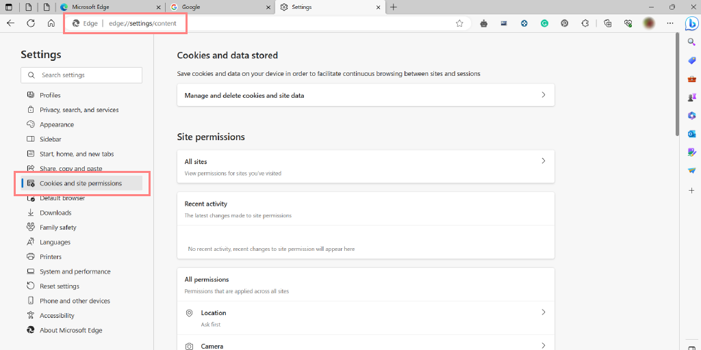จะแก้ไขข้อผิดพลาดการปฏิเสธการเข้าถึงของ Cloudflare 1020 ได้อย่างไร (14 วิธี)8 Cookies and Site Permission in Edge