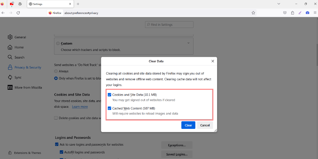 จะแก้ไขข้อผิดพลาดการปฏิเสธการเข้าถึงของ Cloudflare 1020 ได้อย่างไร (14 วิธี)9 Firefox Clear Data