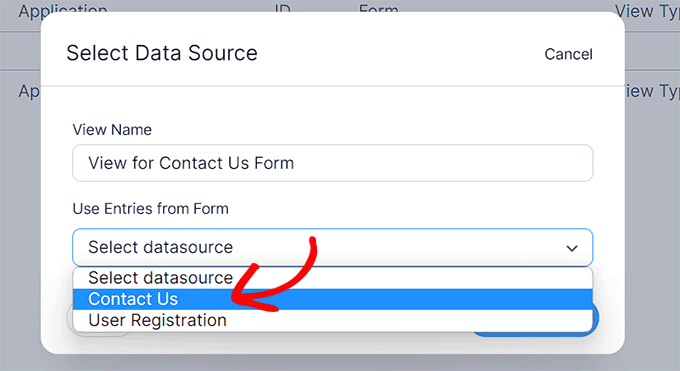 Scegli l'origine dati per Visualizza Choose data source for View