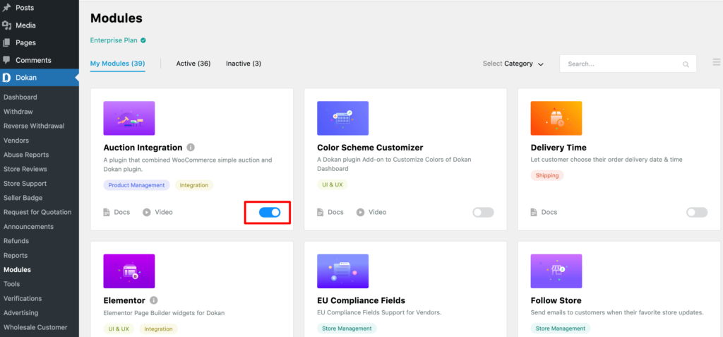 Cette capture d'écran montre une liste des modules premium Dokan.
