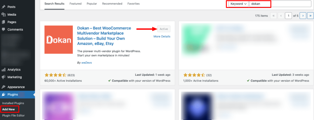 Cette image montre comment installer le plugin Dokan à partir du tableau de bord WordPress.