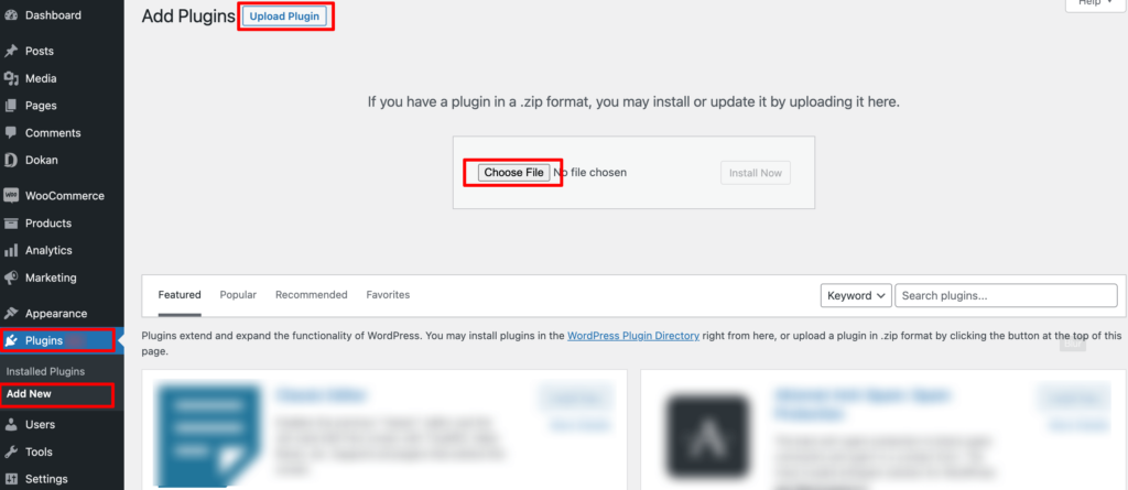 Cette illustration montre comment télécharger un fichier de plugin zip sur un site WordPress.