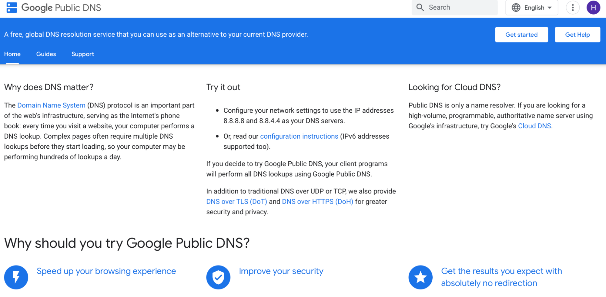 Pagina del DNS pubblico di Google