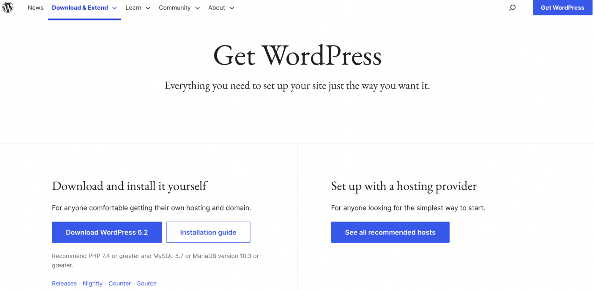 opzioni per il download di WordPress