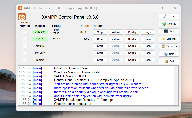 scegliendo i moduli in XAMPP