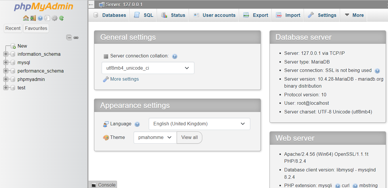 Dashboard di phpMyAdmin