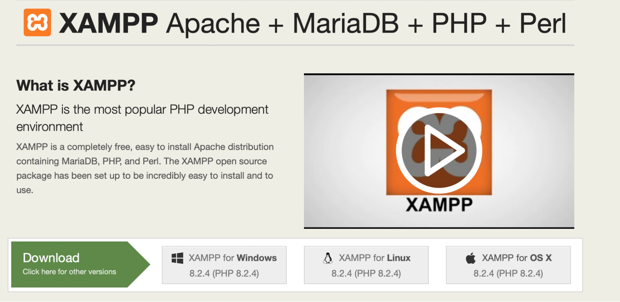 Home page di XAMPP con informazioni sul download