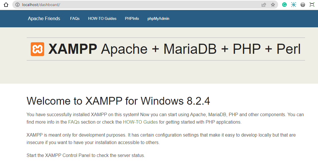 schermata di benvenuto per XAMPP