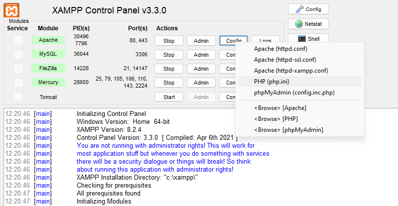 selezionando il file php.ini in XAMPP