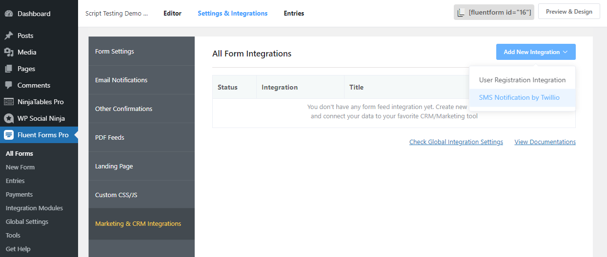 Fluent Forms เพิ่ม Twilio SMS Integration