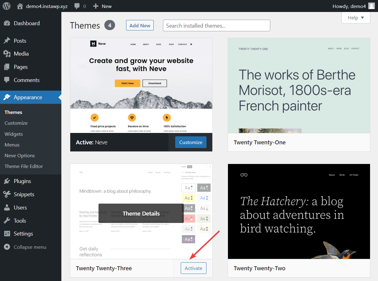 activando el tema por defecto de wordpress.