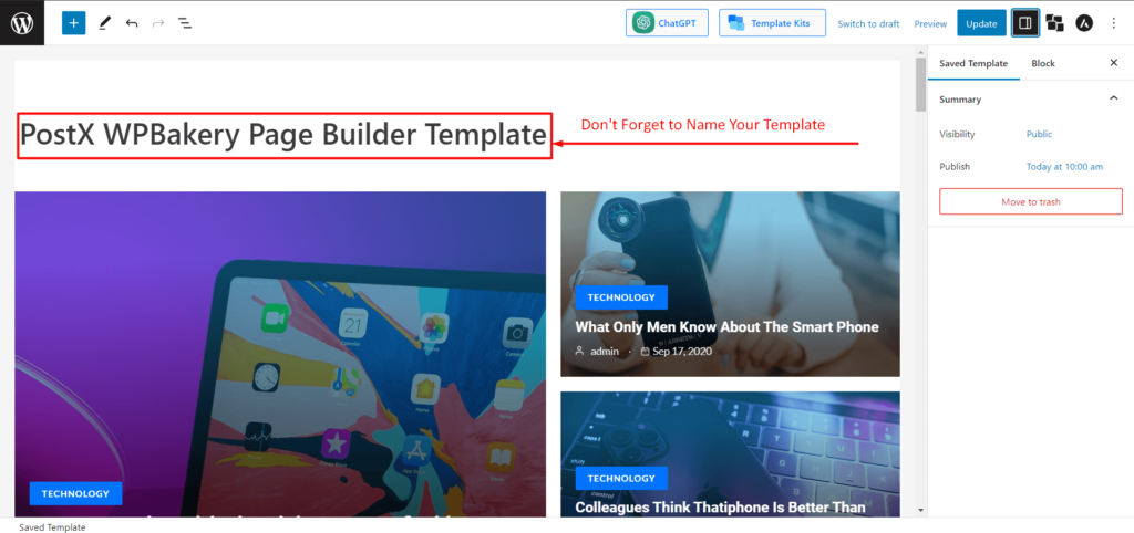 Jak używać bloków Gutenberga w WPBakery Page Builder z integracją PostX 8 Naming Saved Template for WPBakery