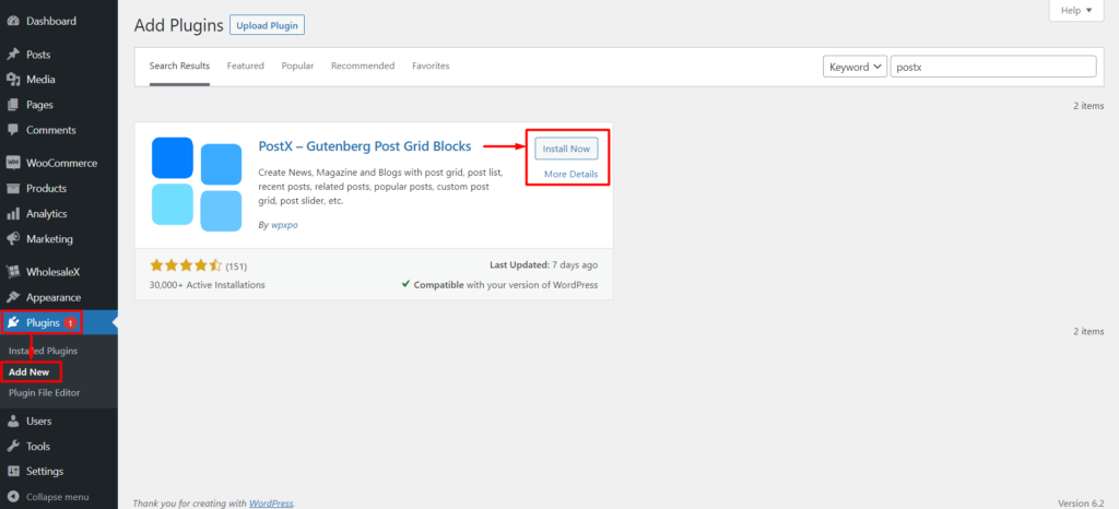 Jak używać bloków Gutenberga w WPBakery Page Builder z integracją PostX 2 Installing PostX