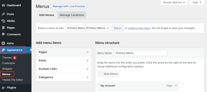Auswählen eines WordPress-Menüs zum Bearbeiten Selecting a WordPress menu to edit