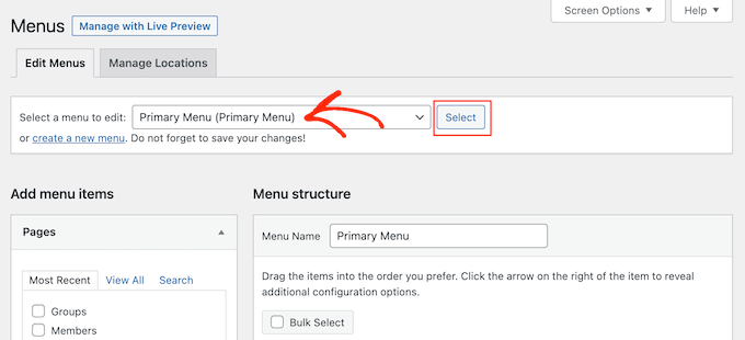 Bearbeiten eines WordPress-Navigationsmenüs Editing a WordPress navigation menu