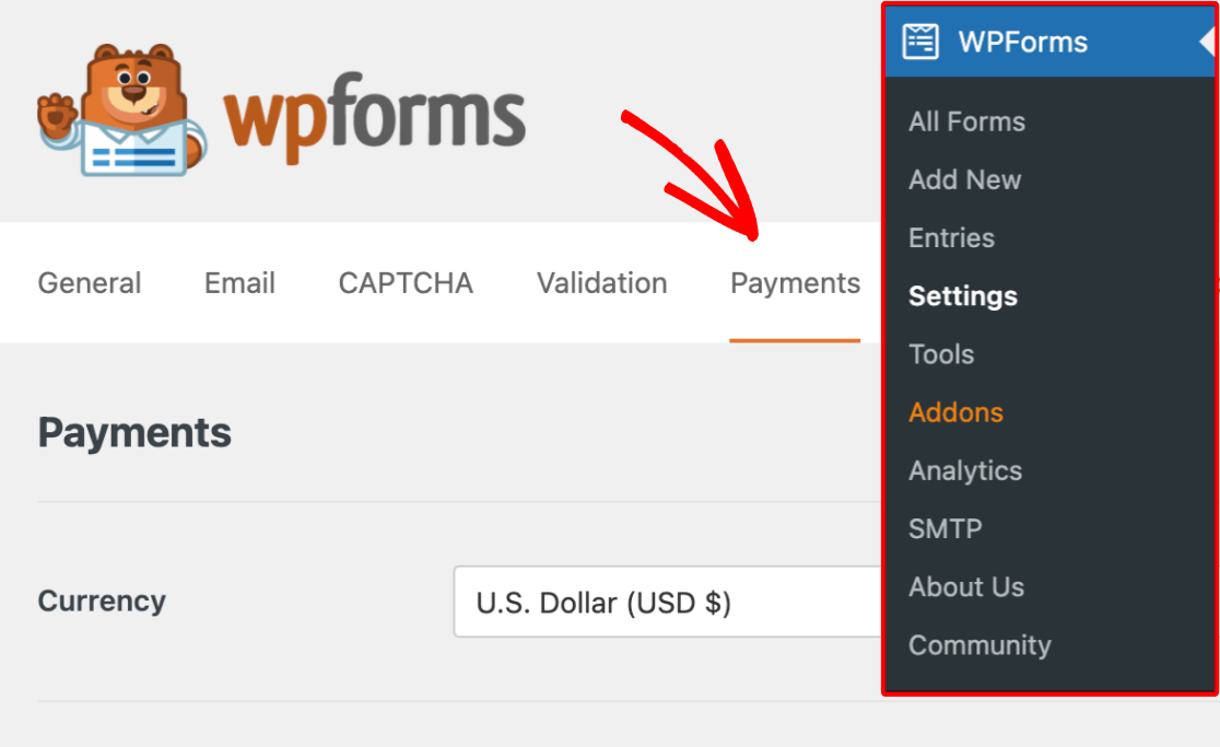 Ouverture des paramètres de paiement WPForms