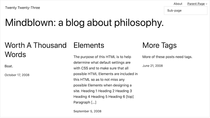 Пример темы WordPress по умолчанию An example of a default WordPress theme