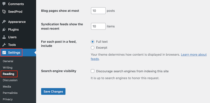 Настройки чтения WordPress The WordPress reading settings