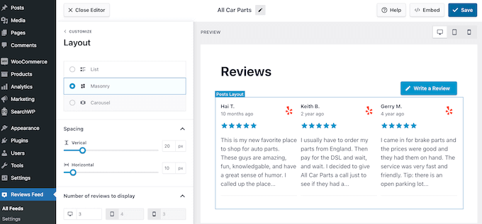 Обзоры автомобильных запчастей, отображаемые с помощью Smash Balloon Car part reviews, displayed using Smash Balloon