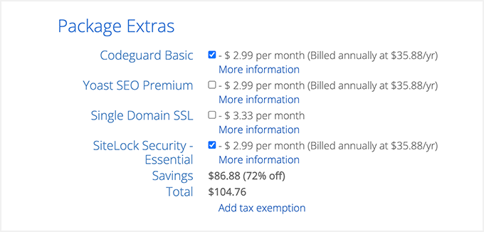 Дополнительные возможности пакета Bluehost Bluehost package extras
