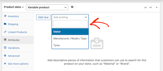 Добавление существующих атрибутов к переменному продукту Adding existing attributes to a variable product