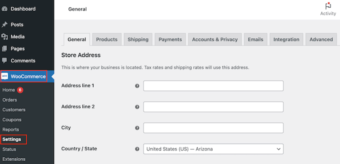 Экран настроек WooCommerce The WooCommerce settings screen