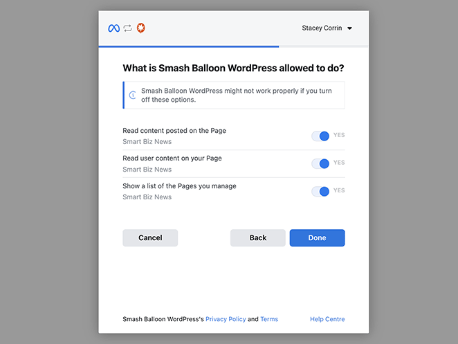 facebook izinlerini yönet SeedProd Mange Smash Balloon Facebook permissions
