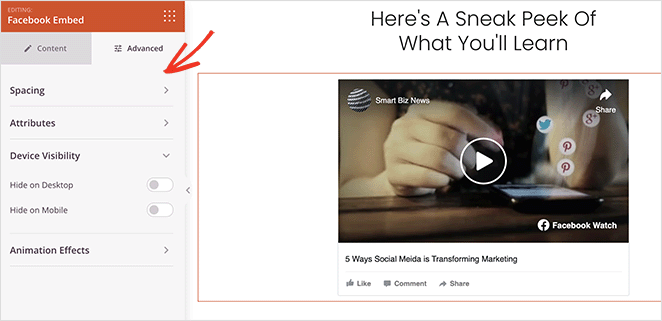 gelişmiş facebookvideo yerleştirme ayarları SeedProd Advanced Facebook video embed settings