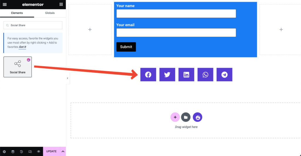 HappyAddons 14 ile Elementor Free'de Blog Yazısı Şablonu Nasıl Oluşturulur Drag and drop the Social Share widget