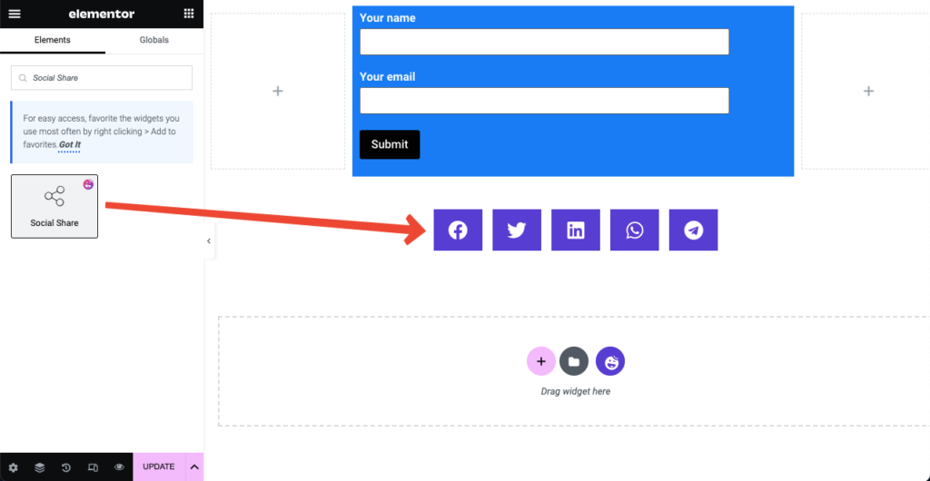 Drag and drop the Social Share widget